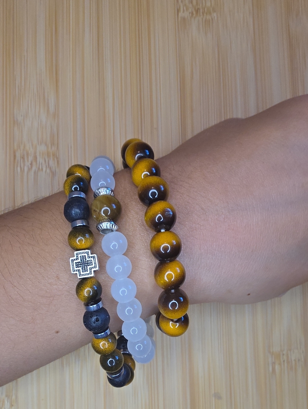 Set of Three His and Hers Beaded Bracelets - Tiger Eye & Frosted White